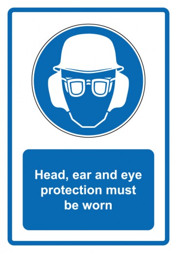 Schild Gebotzeichen Piktogramm & Text englisch · Head, ear and eye protection must be worn · blau (Gebotsschild)
