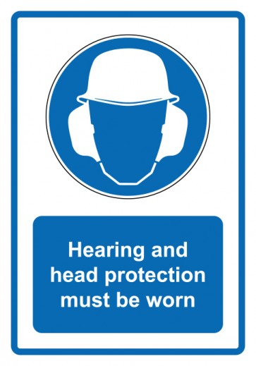 Aufkleber Gebotszeichen Piktogramm & Text englisch · Hearing and head protection must be worn · blau (Gebotsaufkleber)