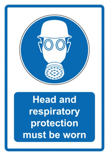 Schild Gebotszeichen Piktogramm & Text englisch · Head and respiratory protection must be worn · blau | selbstklebend (Gebotsschild)