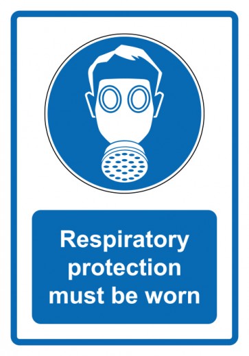 Aufkleber Gebotszeichen Piktogramm & Text englisch · Respiratory protection must be worn · blau | stark haftend (Gebotsaufkleber)