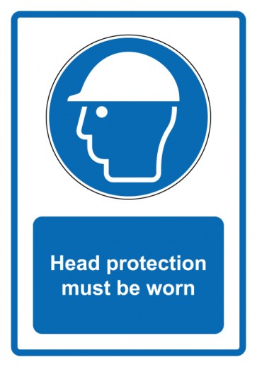 Schild Gebotzeichen Piktogramm & Text englisch · Head protection must be worn · blau (Gebotsschild)
