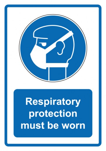 Schild Gebotzeichen Piktogramm & Text englisch · Respiratory protection must be worn · blau (Gebotsschild)