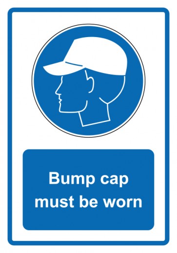 Schild Gebotzeichen Piktogramm & Text englisch · Bump cap must be worn · blau (Gebotsschild)