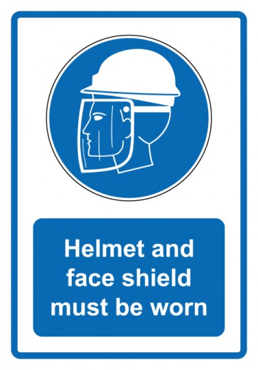 Schild Gebotszeichen Piktogramm & Text englisch · Helmet and face shield must be worn · blau | selbstklebend (Gebotsschild)