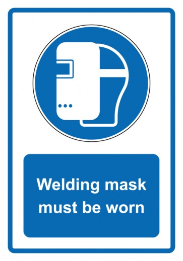 Aufkleber Gebotszeichen Piktogramm & Text englisch · Welding mask must be worn · blau (Gebotsaufkleber)