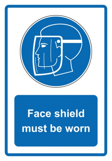 Schild Gebotzeichen Piktogramm & Text englisch · Face shield must be worn · blau (Gebotsschild)
