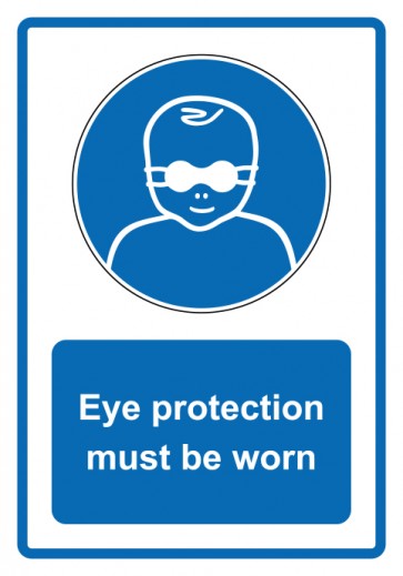 Schild Gebotzeichen Piktogramm & Text englisch · Eye protection must be worn · blau (Gebotsschild)
