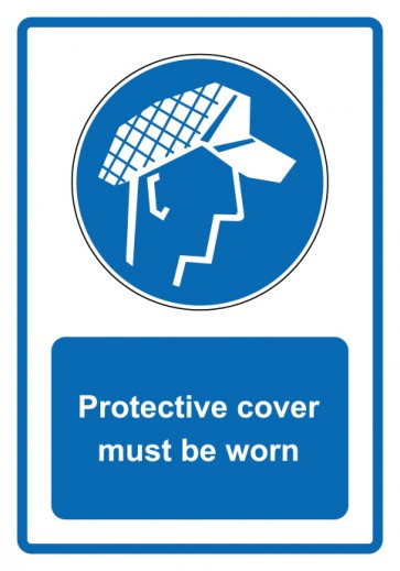 Schild Gebotzeichen Piktogramm & Text englisch · Protective cover must be worn · blau (Gebotsschild)