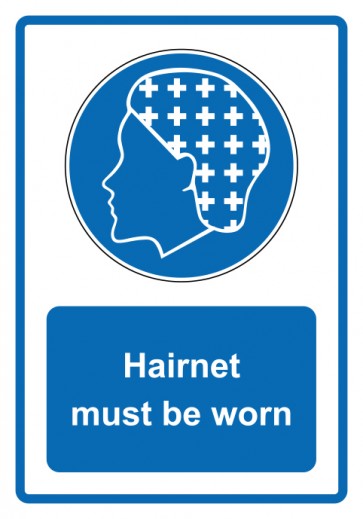 Schild Gebotzeichen Piktogramm & Text englisch · Hairnet must be worn · blau (Gebotsschild)