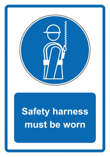 Aufkleber Gebotszeichen Piktogramm & Text englisch · Safety harness must be worn · blau | stark haftend (Gebotsaufkleber)