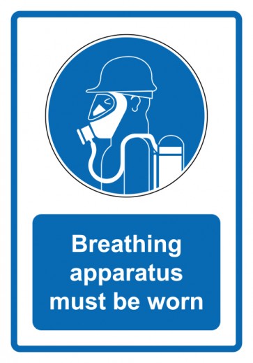 Schild Gebotzeichen Piktogramm & Text englisch · Breathing apparatus must be worn · blau (Gebotsschild)