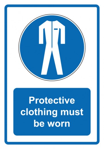 Schild Gebotszeichen Piktogramm & Text englisch · Protective clothing must be worn · blau | selbstklebend
