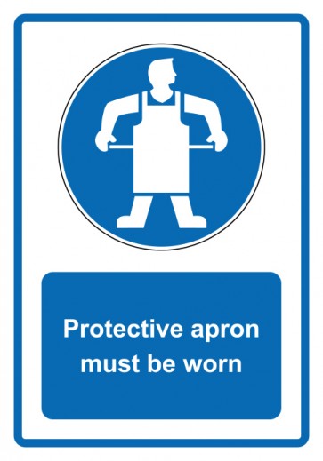 Schild Gebotzeichen Piktogramm & Text englisch · Protective apron must be worn · blau (Gebotsschild)