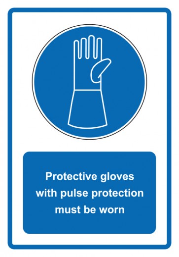 Schild Gebotzeichen Piktogramm & Text englisch · Protective gloves with pulse protection must be worn · blau (Gebotsschild)