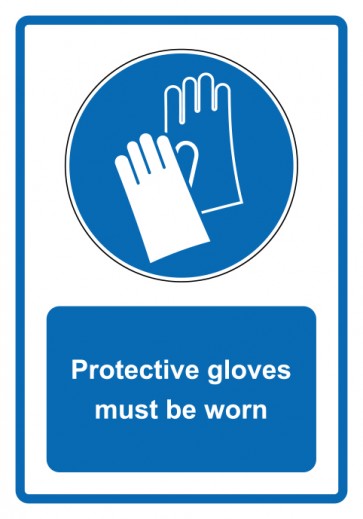 Schild Gebotzeichen Piktogramm & Text englisch · Protective gloves must be worn · blau (Gebotsschild)
