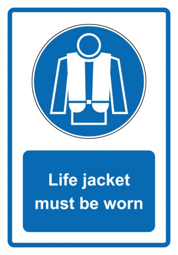 Schild Gebotszeichen Piktogramm & Text englisch · Life jacket must be worn · blau | selbstklebend (Gebotsschild)