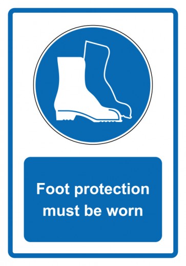 Schild Gebotszeichen Piktogramm & Text englisch · Foot protection must be worn · blau | selbstklebend (Gebotsschild)