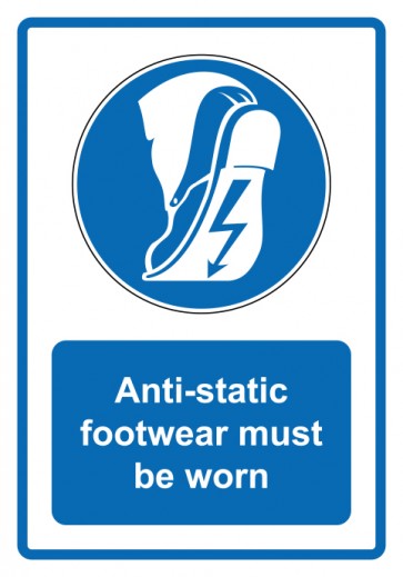 Schild Gebotzeichen Piktogramm & Text englisch · Anti-static footwear must be worn · blau (Gebotsschild)