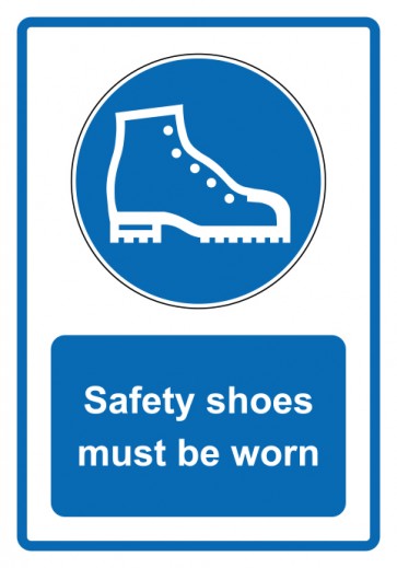 Schild Gebotszeichen Piktogramm & Text englisch · Safety shoes must be worn · blau | selbstklebend (Gebotsschild)