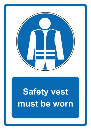 Schild Gebotszeichen Piktogramm & Text englisch · Safety vest must be worn · blau | selbstklebend (Gebotsschild)
