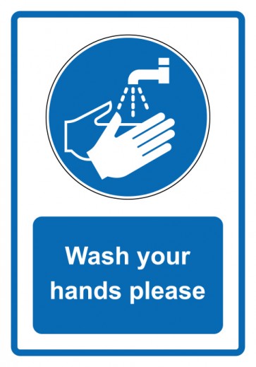 Schild Gebotszeichen Piktogramm & Text englisch · Wash your hands please · blau | selbstklebend (Gebotsschild)