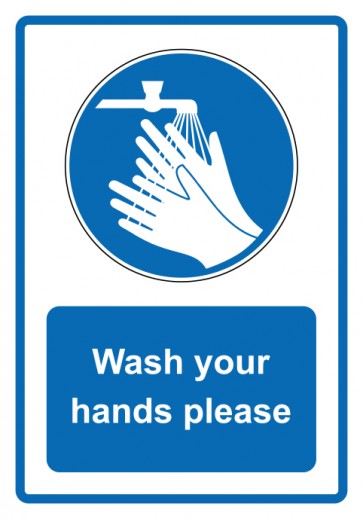 Aufkleber Gebotszeichen Piktogramm & Text englisch · Wash your hands please · blau (Gebotsaufkleber)