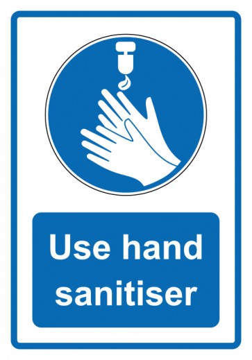 Schild Gebotzeichen Piktogramm & Text englisch · Use hand sanitiser · blau (Gebotsschild)