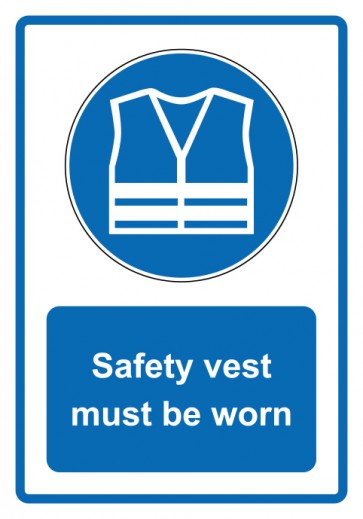 Schild Gebotzeichen Piktogramm & Text englisch · Safety vest must be worn · blau (Gebotsschild)