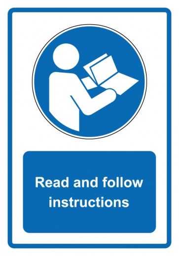 Schild Gebotszeichen Piktogramm & Text englisch · Read and follow instructions · blau | selbstklebend (Gebotsschild)