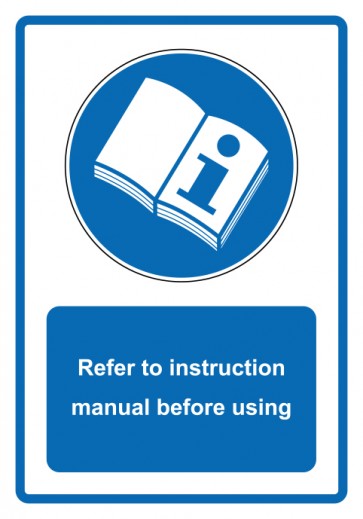 Schild Gebotzeichen Piktogramm & Text englisch · Refer to instruction manual before using · blau (Gebotsschild)