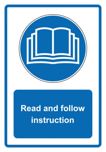 Schild Gebotszeichen Piktogramm & Text englisch · Read and follow instruction · blau | selbstklebend (Gebotsschild)