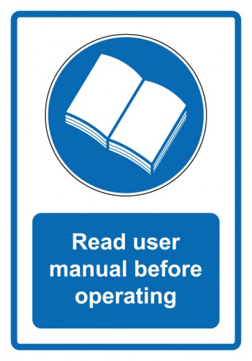 Schild Gebotzeichen Piktogramm & Text englisch · Read user manual before operating · blau (Gebotsschild)