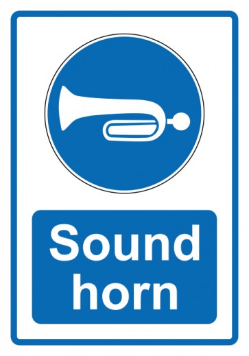Schild Gebotzeichen Piktogramm & Text englisch · Sound horn · blau (Gebotsschild)