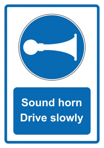 Schild Gebotszeichen Piktogramm & Text englisch · Sound horn drive slowly · blau | selbstklebend (Gebotsschild)