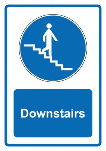 Schild Gebotszeichen Piktogramm & Text englisch · Downstairs · blau | selbstklebend (Gebotsschild)