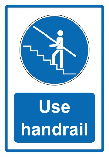 Aufkleber Gebotszeichen Piktogramm & Text englisch · Use handrail · blau (Gebotsaufkleber)