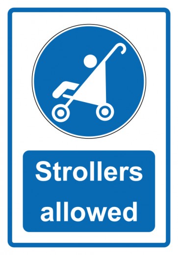 Schild Gebotzeichen Piktogramm & Text englisch · Strollers allowed · blau (Gebotsschild)