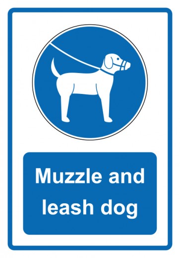 Schild Gebotszeichen Piktogramm & Text englisch · Muzzle and leash dog · blau | selbstklebend (Gebotsschild)