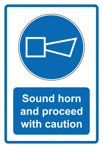 Aufkleber Gebotszeichen Piktogramm & Text englisch · Sound horn and proceed with caution · blau | stark haftend (Gebotsaufkleber)