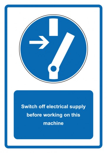 Schild Gebotzeichen Piktogramm & Text englisch · Switch off electrical supply before working on this machine · blau (Gebotsschild)
