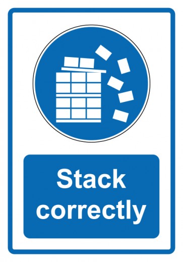 Schild Gebotzeichen Piktogramm & Text englisch · Stack correctly · blau (Gebotsschild)