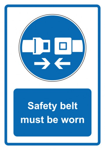 Schild Gebotzeichen Piktogramm & Text englisch · Safety belt must be worn · blau (Gebotsschild)