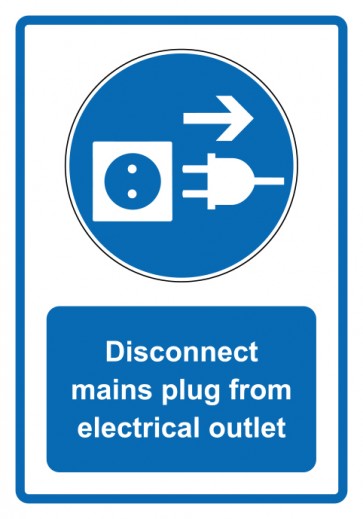 Aufkleber Gebotszeichen Piktogramm & Text englisch · Disconnect mains plug from electrical outlet · blau (Gebotsaufkleber)