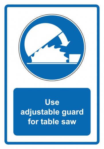 Aufkleber Gebotszeichen Piktogramm & Text englisch · Use adjustable guard for table saw · blau (Gebotsaufkleber)