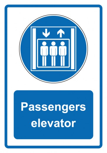 Aufkleber Gebotszeichen Piktogramm & Text englisch · Passengers elevator · blau | stark haftend