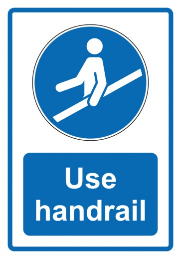 Schild Gebotzeichen Piktogramm & Text englisch · Use handrail · blau (Gebotsschild)