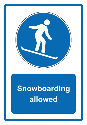 Aufkleber Gebotszeichen Piktogramm & Text englisch · Snowboarding allowed · blau | stark haftend (Gebotsaufkleber)