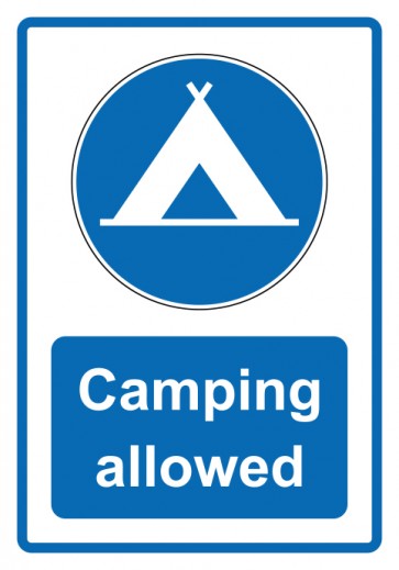 Schild Gebotszeichen Piktogramm & Text englisch · Camping allowed · blau | selbstklebend (Gebotsschild)