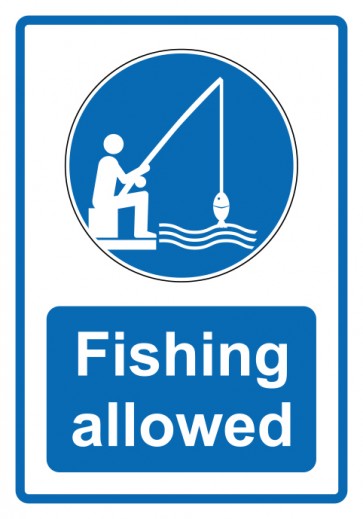 Schild Gebotzeichen Piktogramm & Text englisch · Fishing allowed · blau (Gebotsschild)