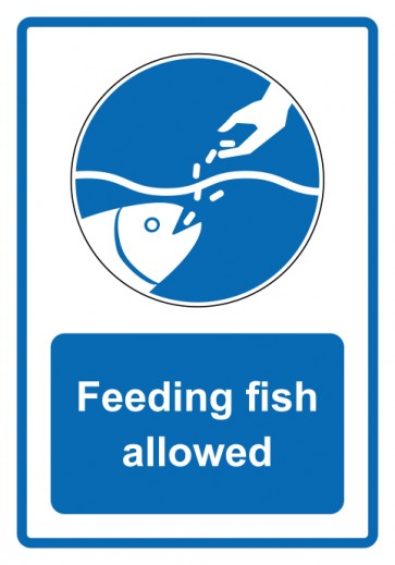 Aufkleber Gebotszeichen Piktogramm & Text englisch · Feeding fish allowed · blau | stark haftend